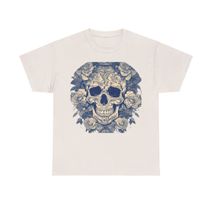 Skulls and Roses Cotton Tee in off-white, showcasing a detailed skull and roses graphic, perfect for an elegant yet alternative fashion statement.