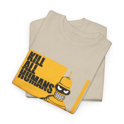 Elegant stacked premium t-shirts, each featuring a whimsical design of a cartoon robot brandishing a sword and the slogan 'KILL ALL HUMANS'.