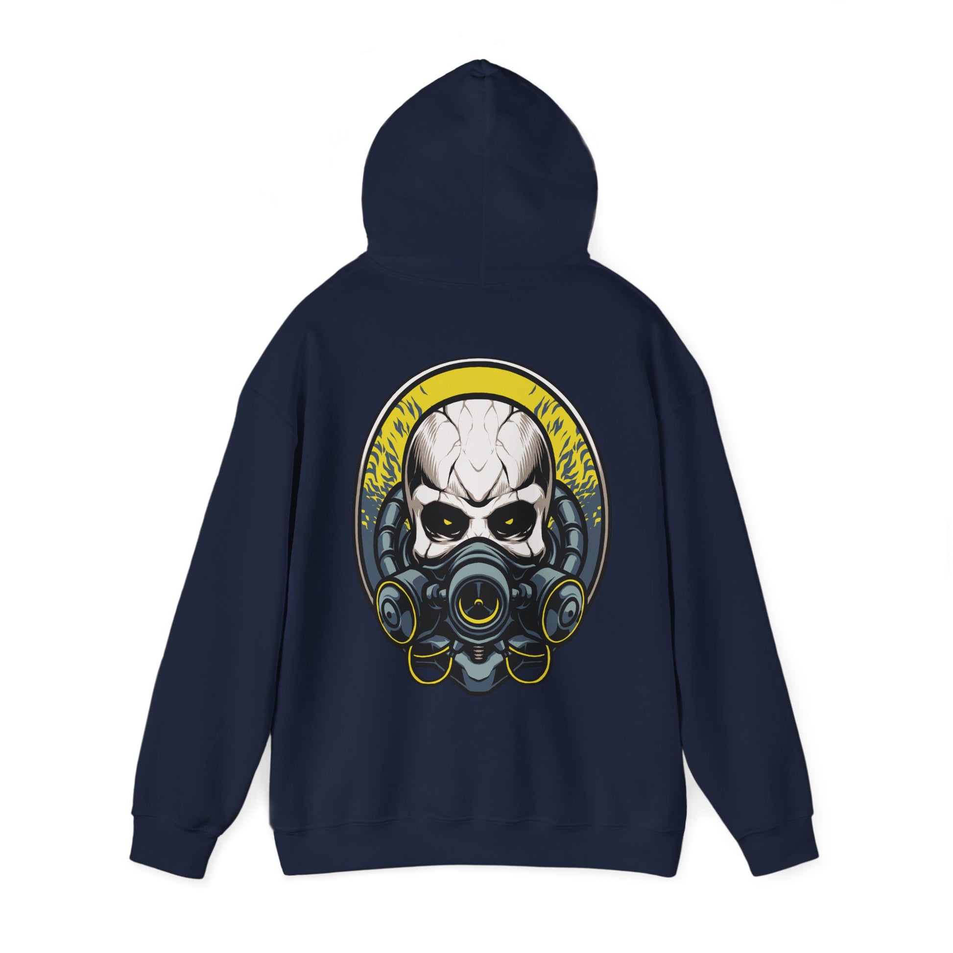 Premium navy hoodie featuring an exquisite steampunk skull design with a gas mask, enhanced by vibrant golden accents, embodying bold luxury.