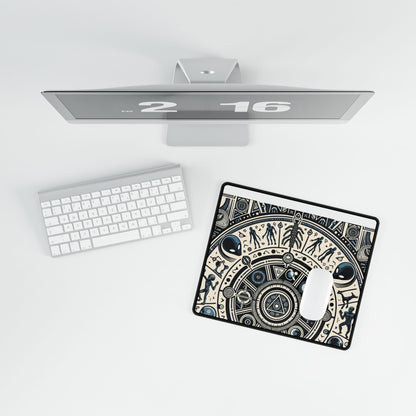 Cosmic Hieroglyphic Tranquility Mat - Desk | Mouse Mat showcasing intricate alien designs, set on a pristine workspace with a keyboard and monitor.