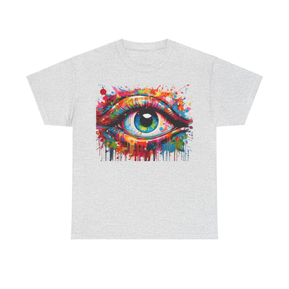 Stylish unisex graphic T-shirt showcasing a captivating eye motif in rich colours and splashes of paint on a sophisticated grey background.