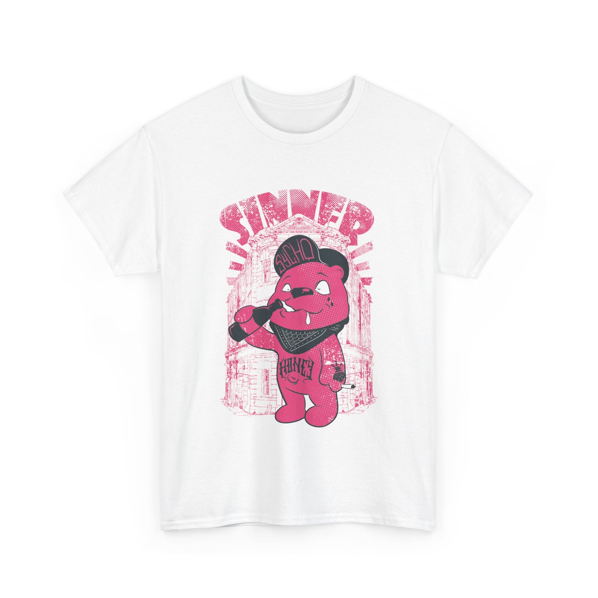 Refined Gangsta Bear Men's T-Shirt in white featuring a vibrant graphic of a stylish bear with the word 'SINNER', blending playful charm with urban luxury.