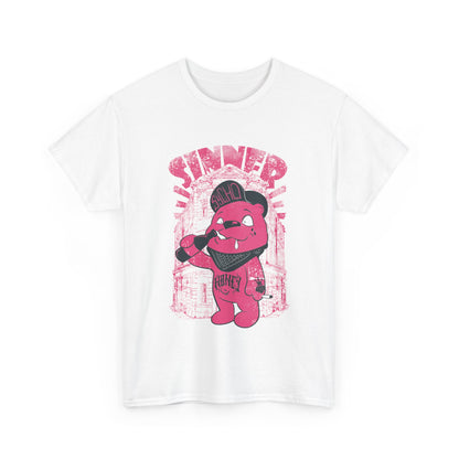 Refined Gangsta Bear Men's T-Shirt in white featuring a vibrant graphic of a stylish bear with the word 'SINNER', blending playful charm with urban luxury.