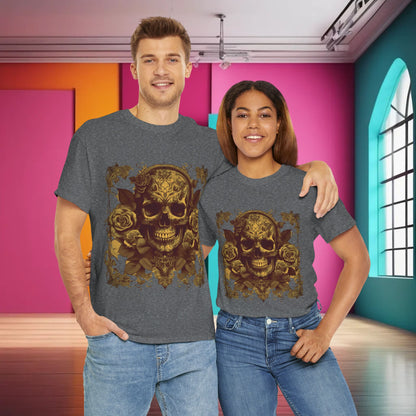 A couple wearing Skulls and Roses Cotton Tee, standing together in a vibrant room, beautifully illustrating the unisex appeal and striking graphic design of the shirt.