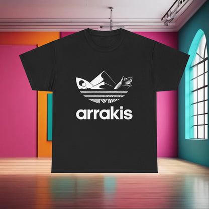 Arrakis Dune Graphic T-Shirt displayed in a stylish urban setting, showcasing a bold design that captures the essence of fantasy art, perfect for fashion aficionados.