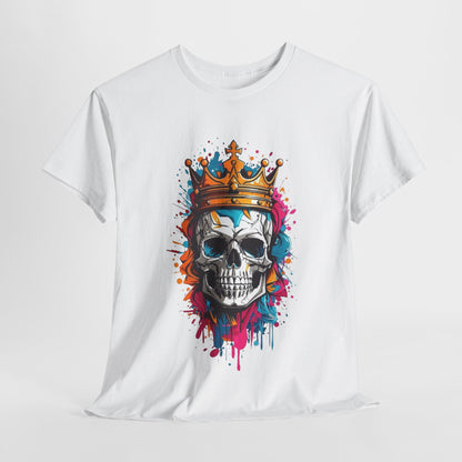 Luxurious men's white t-shirt featuring a stunning golden crown skull design with vibrant blue, pink, and orange splashes, perfect for a bold fashion statement.