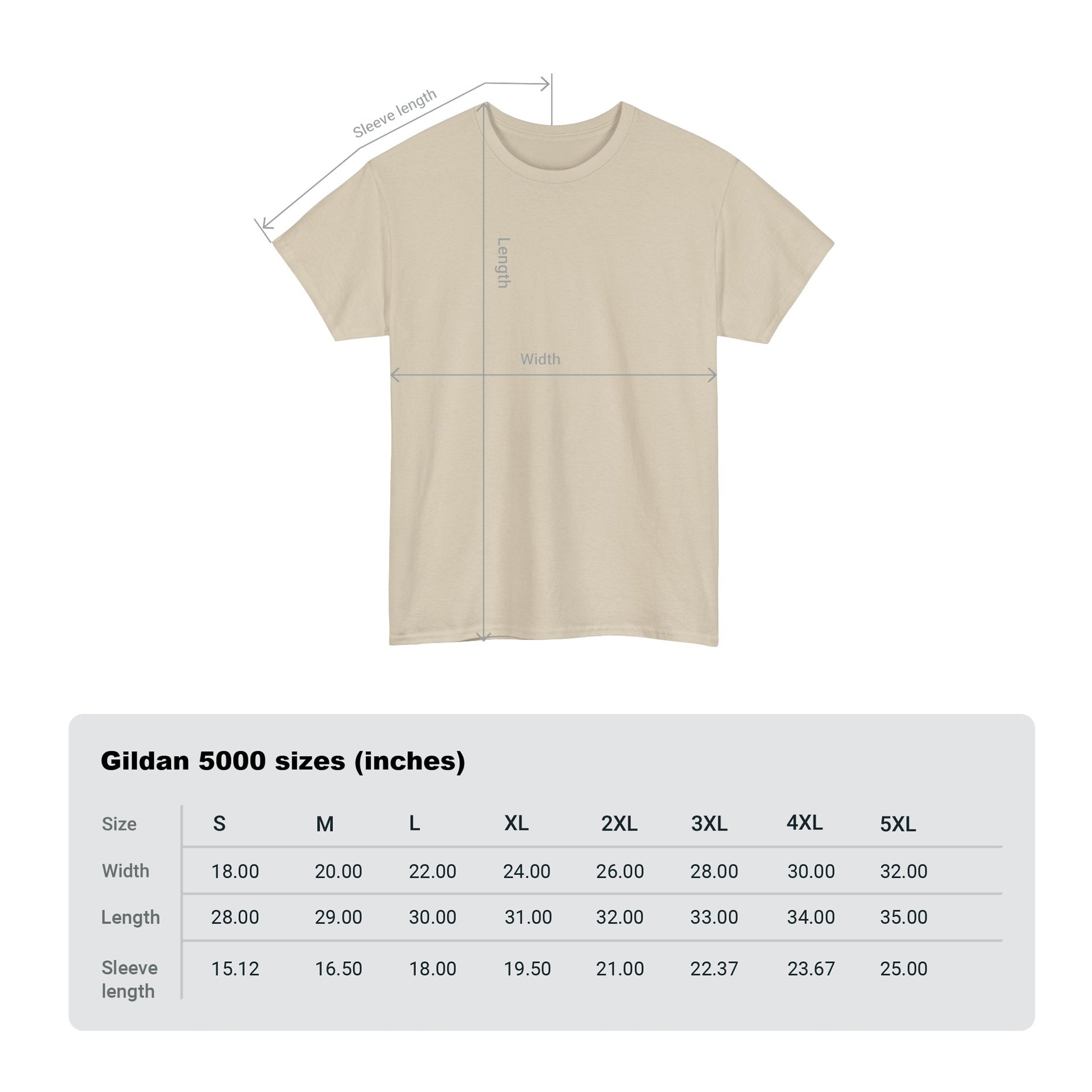 Detailed size chart and dimensions for the Gildan 5000 t-shirt, tailored for the perfect fit, with measurements in inches for a premium experience.