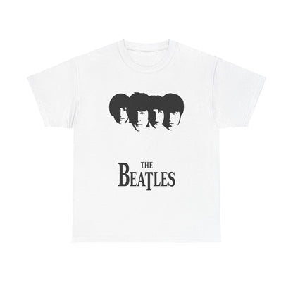 Vintage Beatles Logo Graphic Tee in white, showcasing a stylish design with the iconic Beatles figures and text. A unisex cotton t-shirt perfect for music lovers.