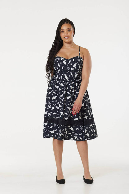 Elegant Witch Print Midi Fit & Flare Dress featuring a Sweetheart Neckline and Lace Hem from Kate's Clothing, available in Plus Size