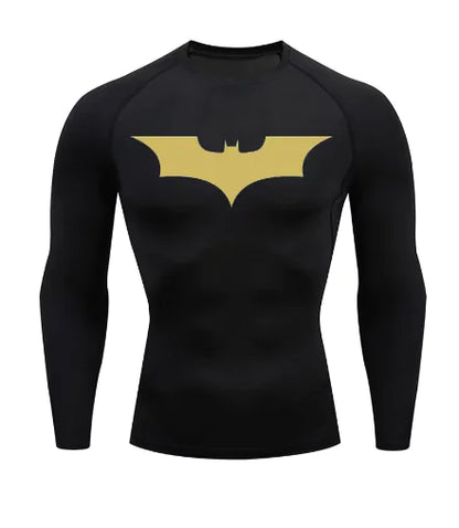 Men's long sleeve compression shirt in black featuring a stylish gold Batman logo, designed for premium comfort and UV sun protection.