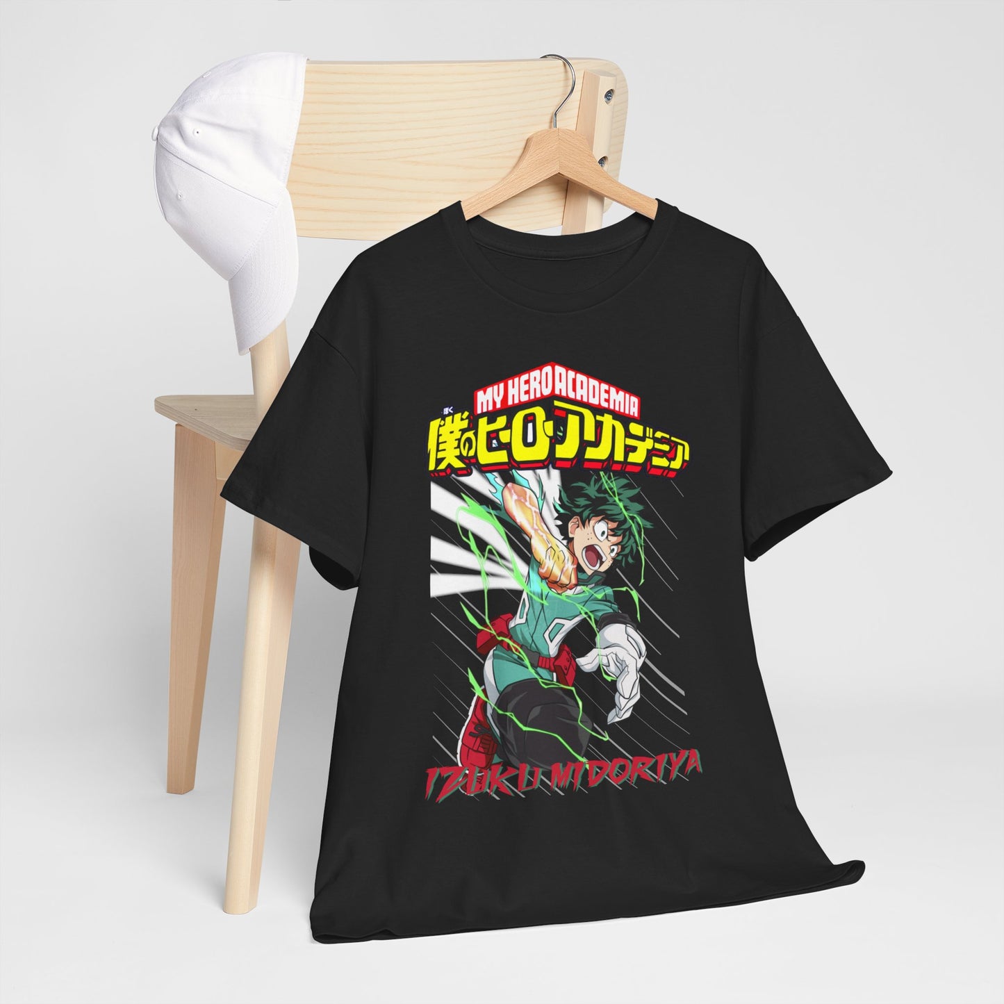 Stylish black T-shirt featuring Izuku Midoriya from 'My Hero Academia', artistically draped over a chair for a chic presentation.