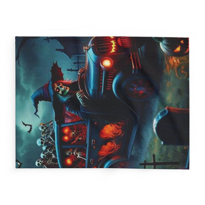 Luxury Decorative and Warm Halloween Spooky Arctic Fleece Blanket illustrating a witch steering a vintage automobile loaded with skeletons, excellent for lavish Halloween celebrations.