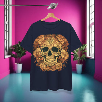 Skulls and Roses Cotton Tee featuring intricate skull and rose design, perfect for alternative fashion enthusiasts.
