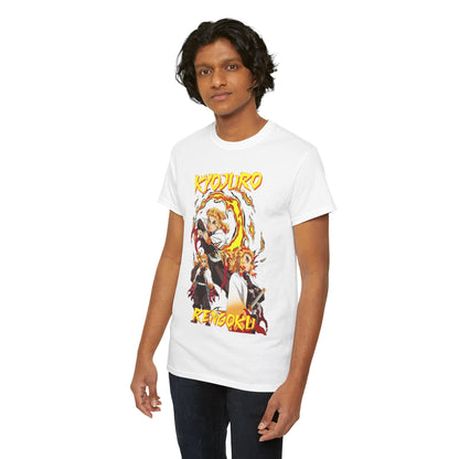Luxury Kyojuro Rengoku anime graphic t-shirt featuring a vibrant illustration of the Flame Hashira surrounded by flames, perfect for stylish anime enthusiasts.