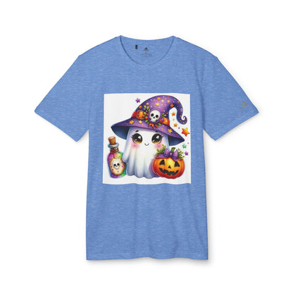 Adidas Unisex Halloween Party Ghost Cute T-shirt in pastel blue featuring a playful ghost illustration with a witch's hat, a stylish choice for Halloween parties.