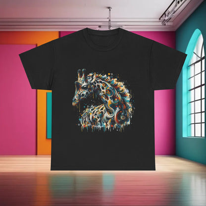 Fantasy Art Giraffe Graphic T-Shirt Urban Streetwear Unisex Cotton presented in a contemporary atmosphere, accentuating a striking giraffe art piece that captures attention.