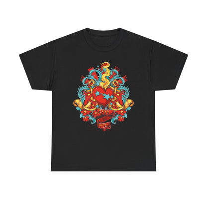 Elegant black men's T-shirt showcasing a striking heart graphic, adorned with playful floral motifs and intricate colourful designs. A sophisticated choice for fashion-forward individuals.