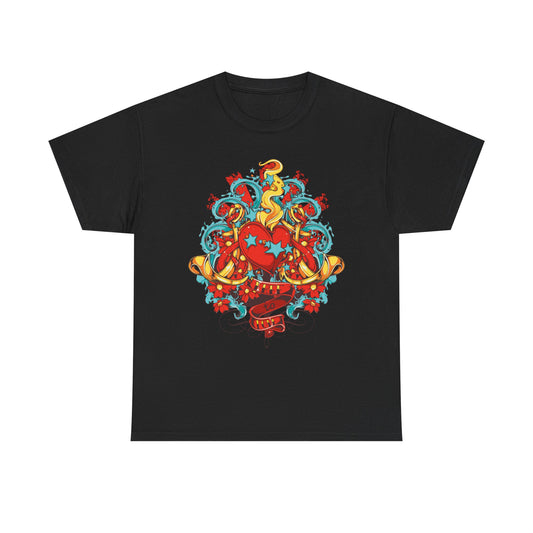 Elegant black men's T-shirt showcasing a striking heart graphic, adorned with playful floral motifs and intricate colourful designs. A sophisticated choice for fashion-forward individuals.