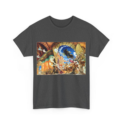 Front view of the Discworld Small Gods Graphic Unisex T-Shirt featuring vibrant illustration inspired by Terry Pratchett's work, an elegant addition to any wardrobe.