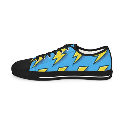 Bolt Brightley Men's Lowtop Sneakers by Printify showcasing a vibrant blue colour and a bold yellow lightning bolt design, perfect for luxurious street fashion.