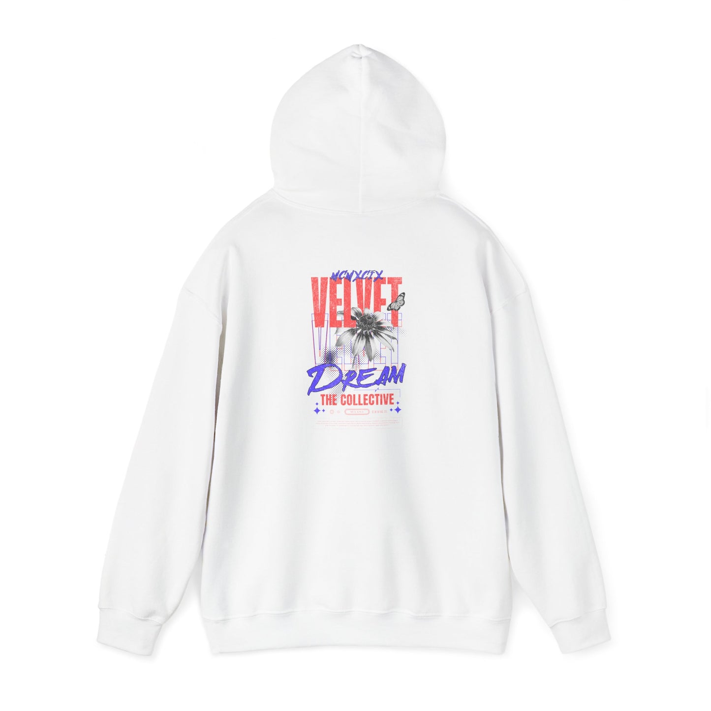 Elegant white hoodie with a vibrant back print, showcasing the striking VELVET DREAM design with bold typography and floral elements, a statement piece for fashion enthusiasts.