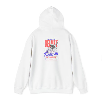 Elegant white hoodie with a vibrant back print, showcasing the striking VELVET DREAM design with bold typography and floral elements, a statement piece for fashion enthusiasts.