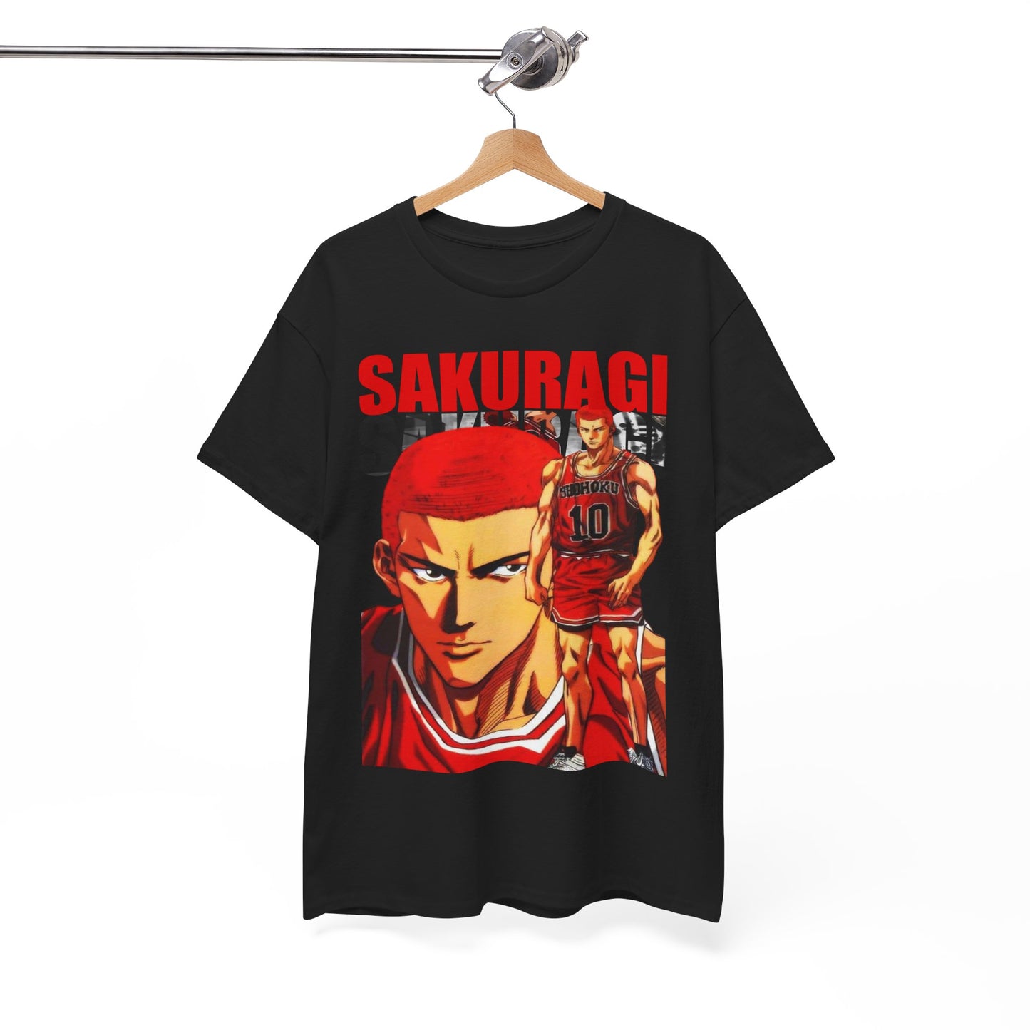 Refined hanging display of a black t-shirt with a detailed artwork of Sakuragi from Slam Dunk, tailored for a modern and stylish anime lover.