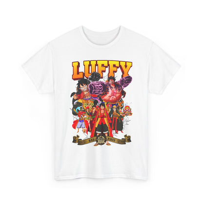 Luxurious white t-shirt featuring an elaborate graphic design of Luffy and beloved characters from One Piece, perfect for anime aficionados.