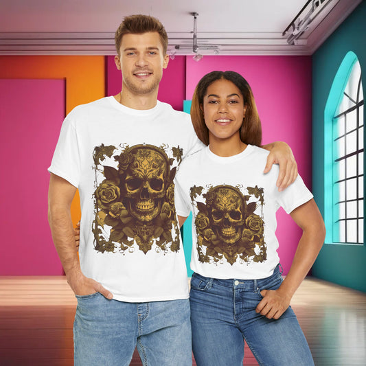 Skulls and Roses Cotton Tee, Unisex Graphic Shirt, 7 color choice