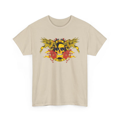 Front view of an exquisite beige t-shirt adorned with a striking yellow skull graphic, wings, and floral accents, embodying a bold fashion statement.