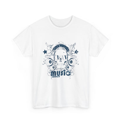 White Music Addict Skull T-Shirt displaying a bold and artistic portrayal of a skull with headphones and sound elements, emphasising musical passion and unique fashion sense.
