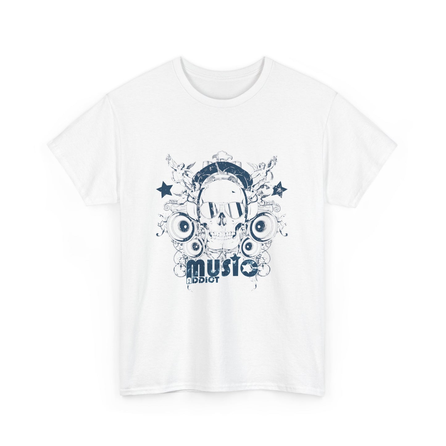 Luxury Music Addict Skull T-Shirt featuring a striking vintage design with bold skull and oversized headphones on a crisp white background, perfect for music enthusiasts.