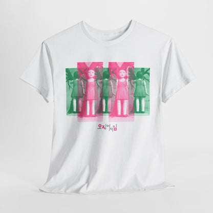 Squid Game Unisex Men´s Women´s Graphic Cotton Funny T Shirt Tee featuring pink and green doll design, perfect for urban street style.
