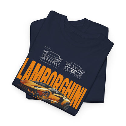 Stacked view of two navy Lamborghini-themed t-shirts, elegantly displaying intricate graphic designs and premium quality fabric.