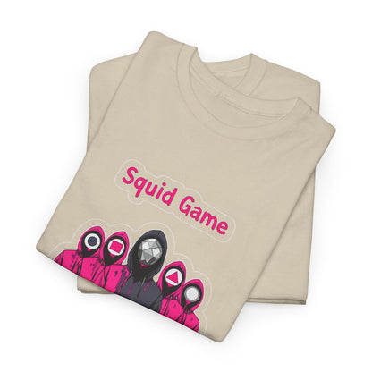 Squid Game Unisex Men’s Women’s Graphic Cotton Funny T-Shirt Tee in a stylish beige fold, showcasing a vibrant print of iconic pink hooded figures.