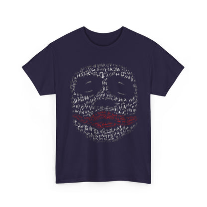 Elegant navy graphic tee featuring an intricate design of the Joker's mask with 'HA' text elements and a vibrant red smile, ideal for expressing unique style and personality.