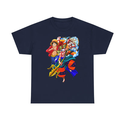 Navy blue men's t-shirt embellished with striking anime artwork, capturing the essence of adventure for style-conscious fans.