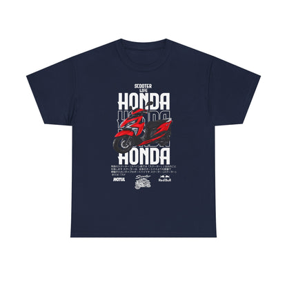 Luxurious navy men's t-shirt showcasing an eye-catching Honda scooter graphic with the slogan 'Scooter Life' prominently displayed.