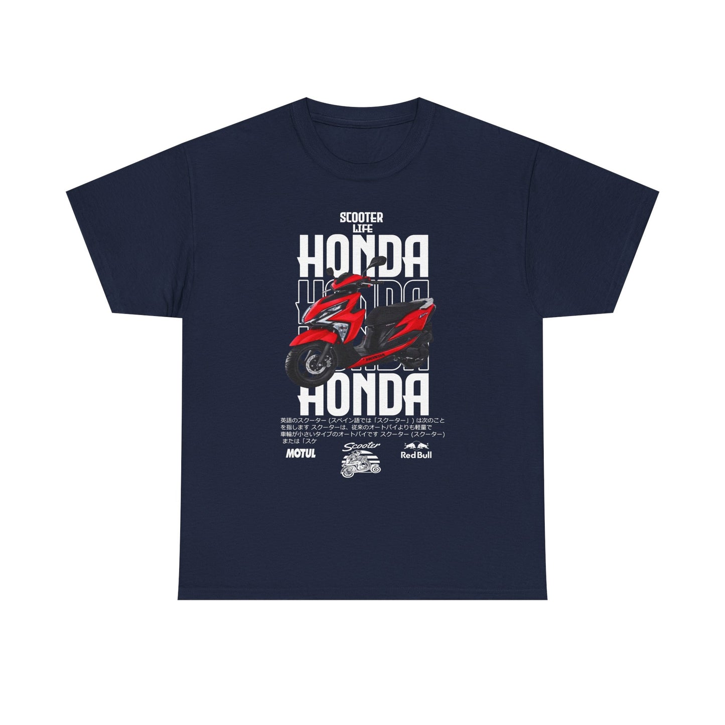 Premium navy blue men's t-shirt featuring a dynamic Honda scooter design, highlighting 'Scooter Life' and 'Honda' in bold letters, ideal for scooter enthusiasts.