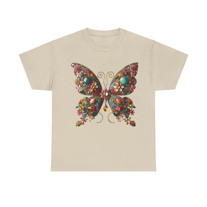 Chic unisex t-shirt in a subtle beige shade featuring the 'Enchanting Butterfly Brooch' artwork, embellished with a vibrant array of gemstones and flowers.