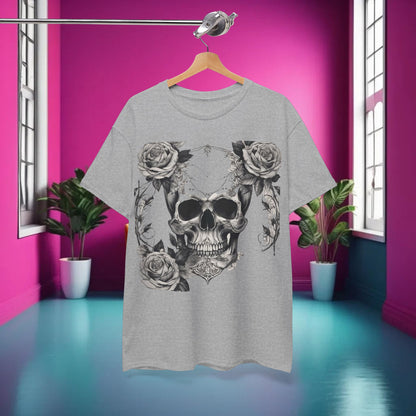 Skulls and Roses Cotton Tee displayed in a vibrant setting, featuring a striking steampunk design with skulls and roses, ideal for alternative fashion.