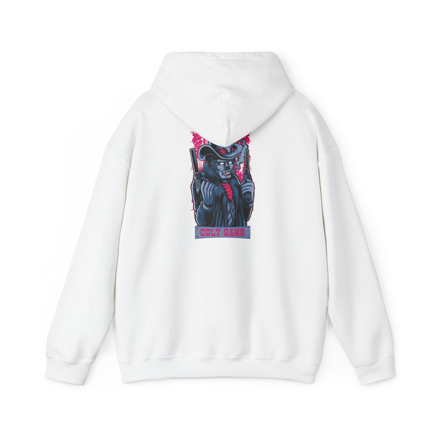 Luxurious white hoodie featuring a bold graphic of a fierce female outlaw in a cowboy hat, elegantly designed with colorful detailing for a striking statement.