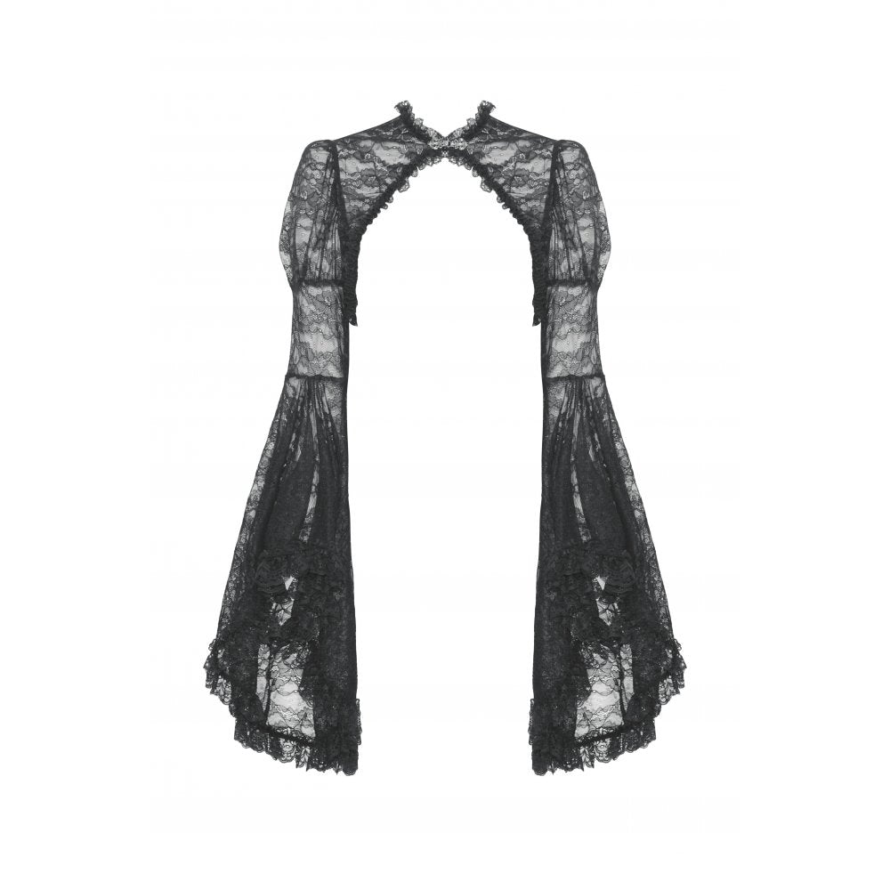 Exquisite Dark in Love Belladonna Lace Bell Sleeve Goth Shrug showcasing intricate sheer floral lace design, perfect for gothic weddings and alternative events.