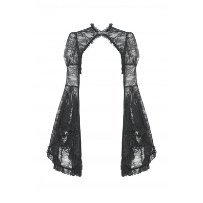 Exquisite Dark in Love Belladonna Lace Bell Sleeve Goth Shrug showcasing intricate sheer floral lace design, perfect for gothic weddings and alternative events.
