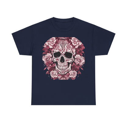 Skulls and Roses Cotton Tee featuring a stunning graphic design with intricate skull and rose illustration against a deep navy background, perfect for bold fashion statements.