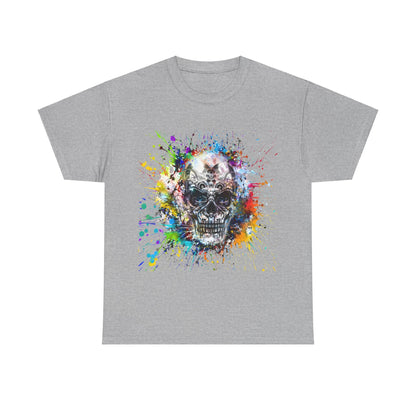 Color Splash Skull Tee, unisex cotton shirt in grey, adorned with an eye-catching colourful skull graphic, perfect for creative and trendy outfits.
