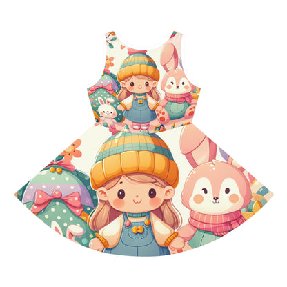 Close-up of the delicately crafted Liliana Stardust Toddler's Skirt by Dazzling Dreams Studio showcasing charming rabbits and playful birds, designed for luxurious style.