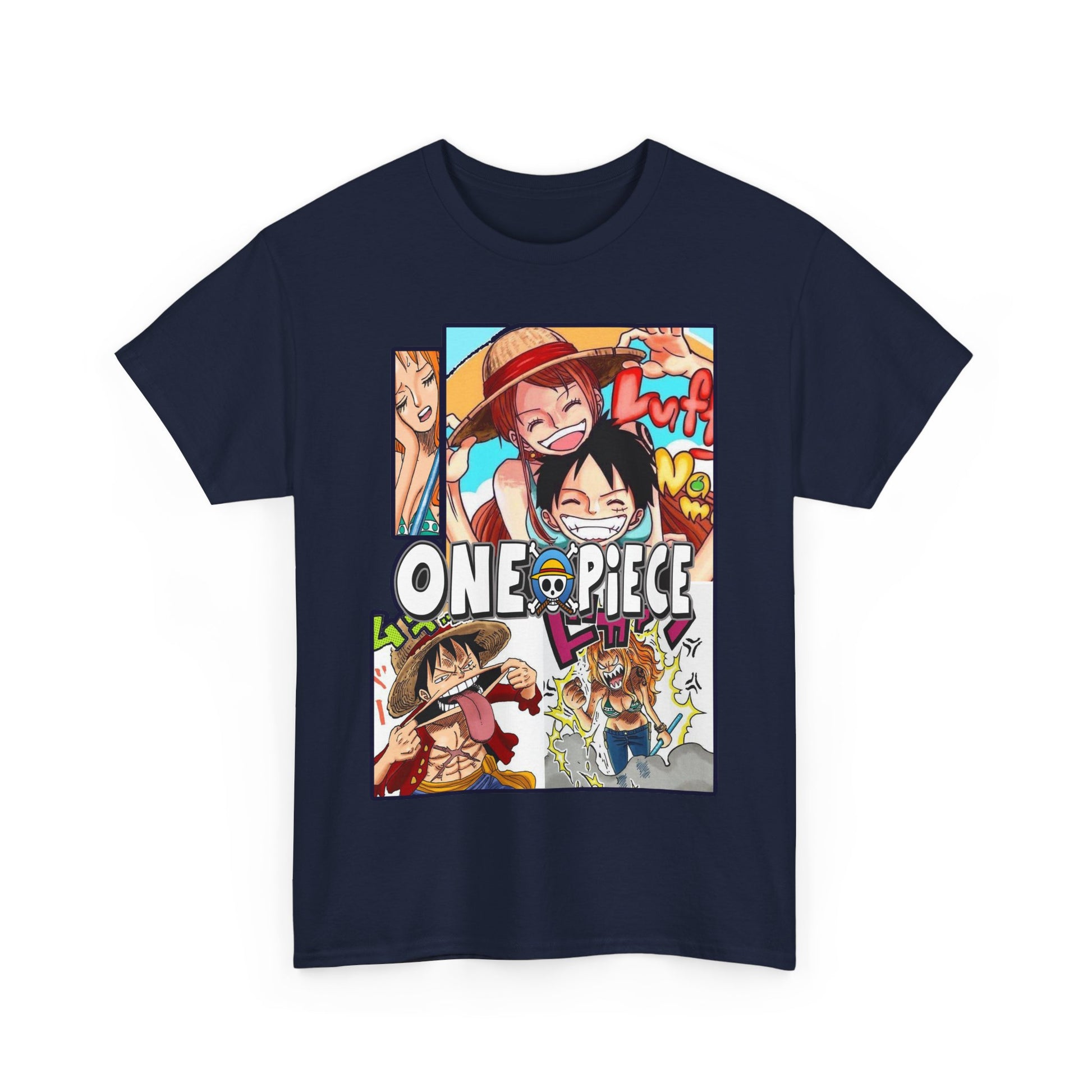 Stylish navy blue men's t-shirt adorned with an eye-catching One Piece manga collage, ideal for making a bold fashion statement.