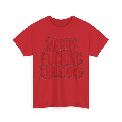 Merry Christmas Graphic T-Shirt in vibrant red showcasing eye-catching red text entwined with holiday lights, perfect for a chic festive look.