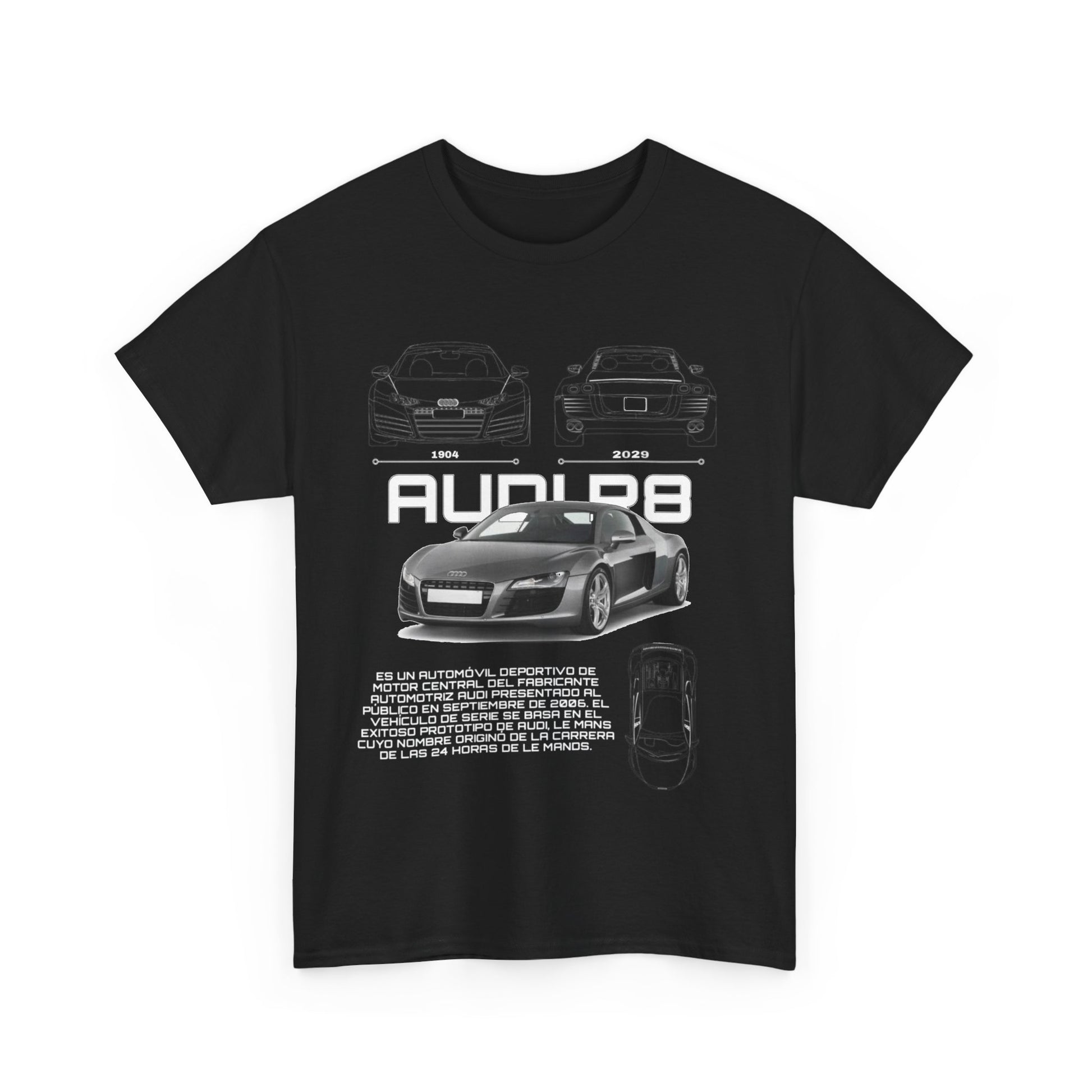 Front view of the R8 Blueprint T-Shirt in black, displaying a striking graphic of the Audi R8, merging technical artistry with a luxurious feel.